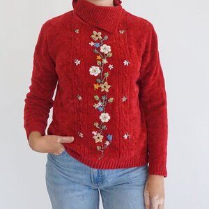 Vintage Alfred Dunner Red Floral Embroidered Chenille Knit Turtleneck Sweater PS